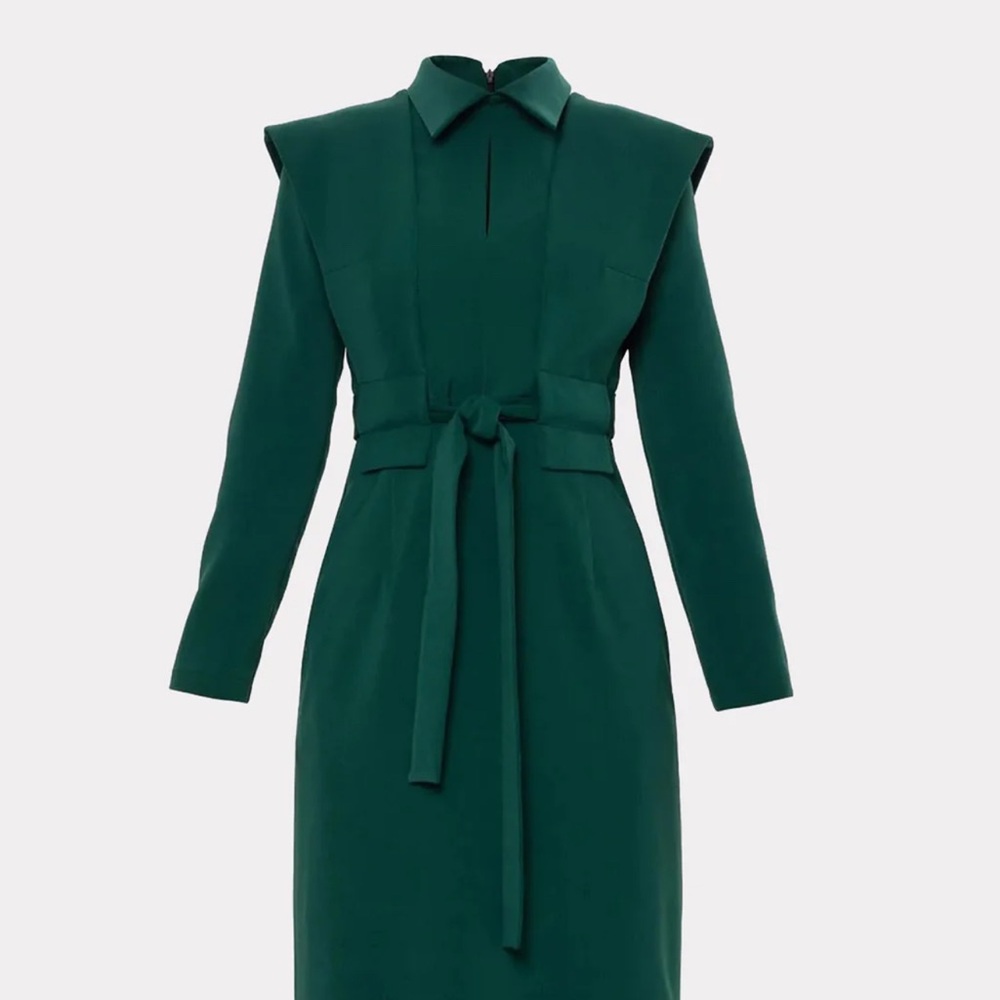 Long Sleeve Belted Green Sheath Dress